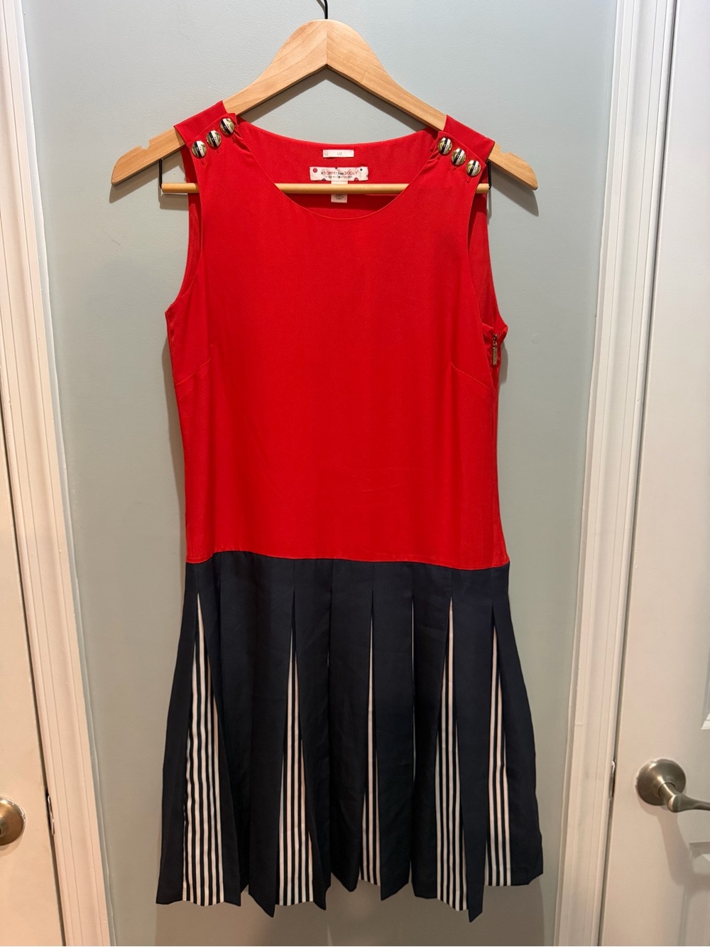 Tommy Hilfiger Red and Navy Sleeveless Pleated Dress with Gold Buttons Rare